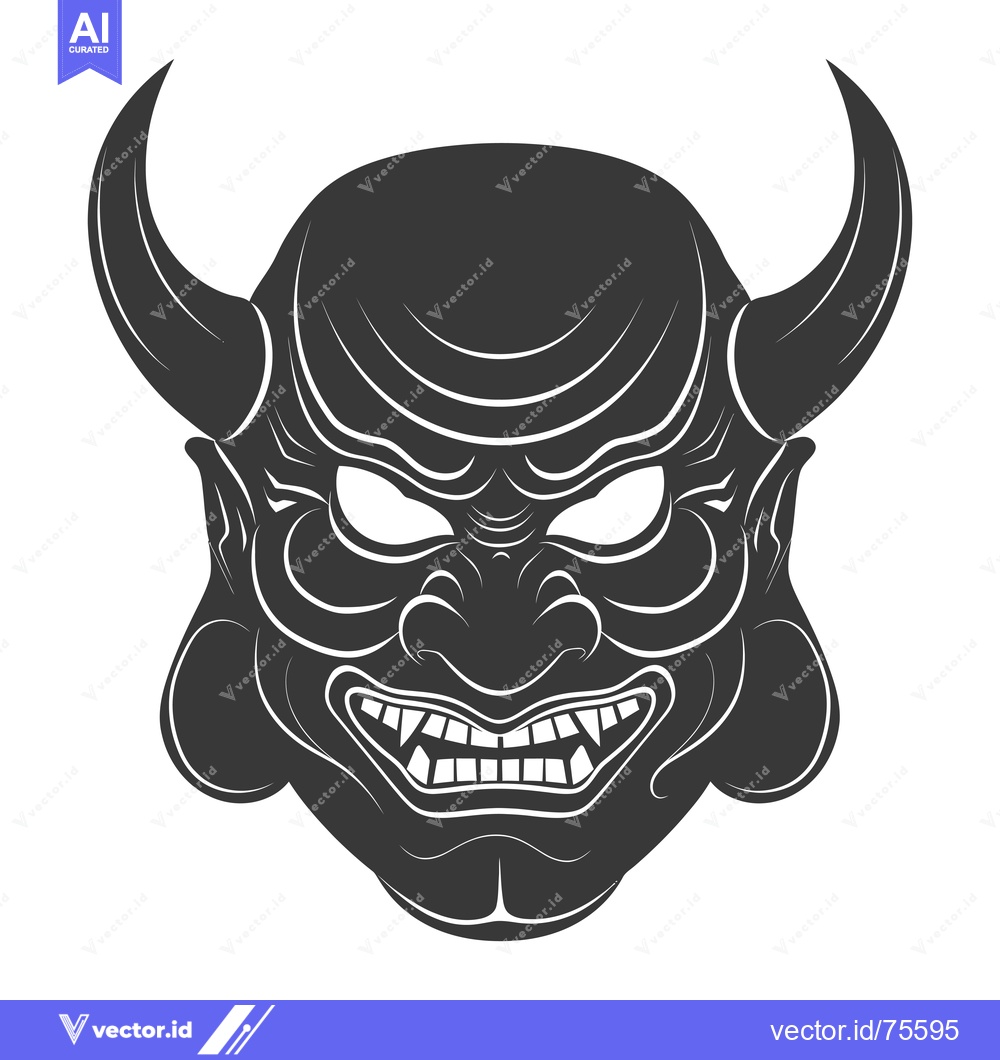 Premium Vector of Black and White Illustration of a Japanese Oni Mask with Horns