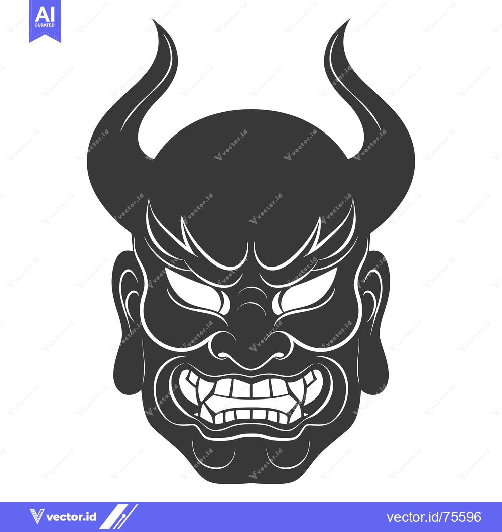 Premium Vector dari Black and White Illustration of a Japanese Oni Mask with Horns and Fan