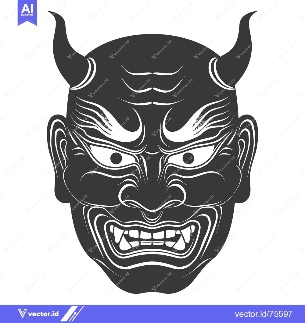 Premium Vector of Black and White Illustration of a Japanese Oni Mask