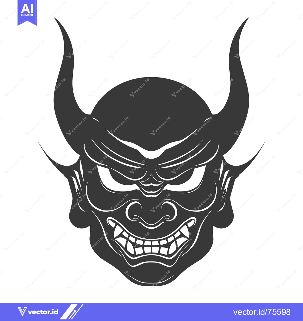 Premium Vector dari A black and white illustration of a menacing Japanese demon mask