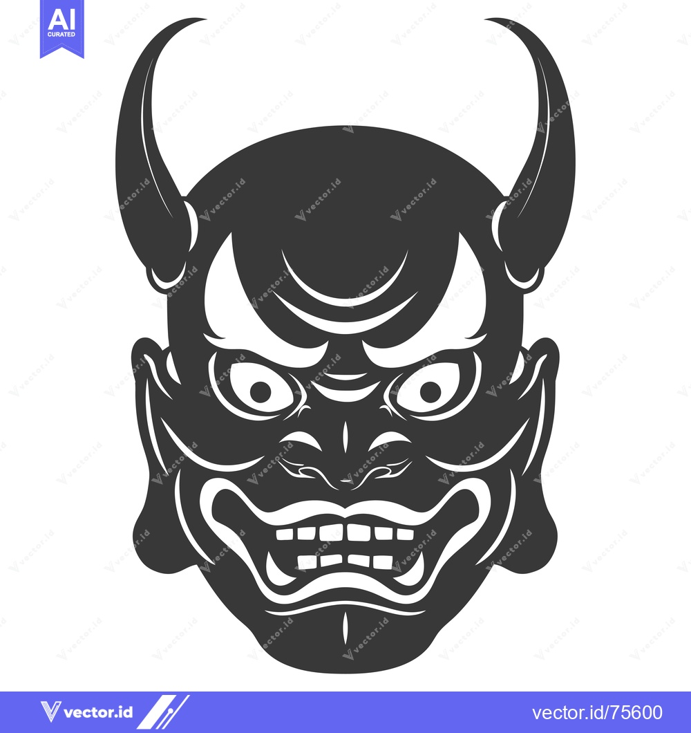 Premium Vector dari Black and White Illustration of a Japanese Oni Mask with Horns