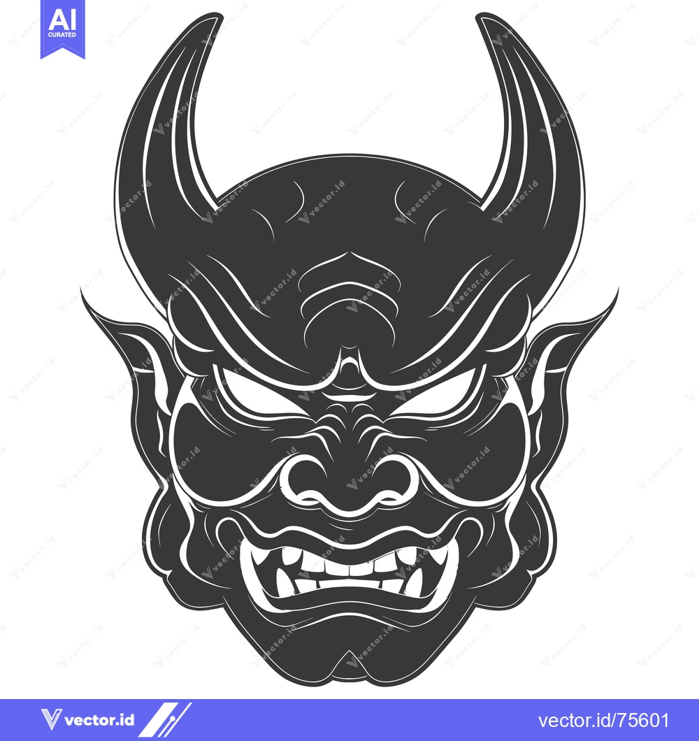 Premium Vector of Aggressive Black and White Japanese Demon Mask with Horns