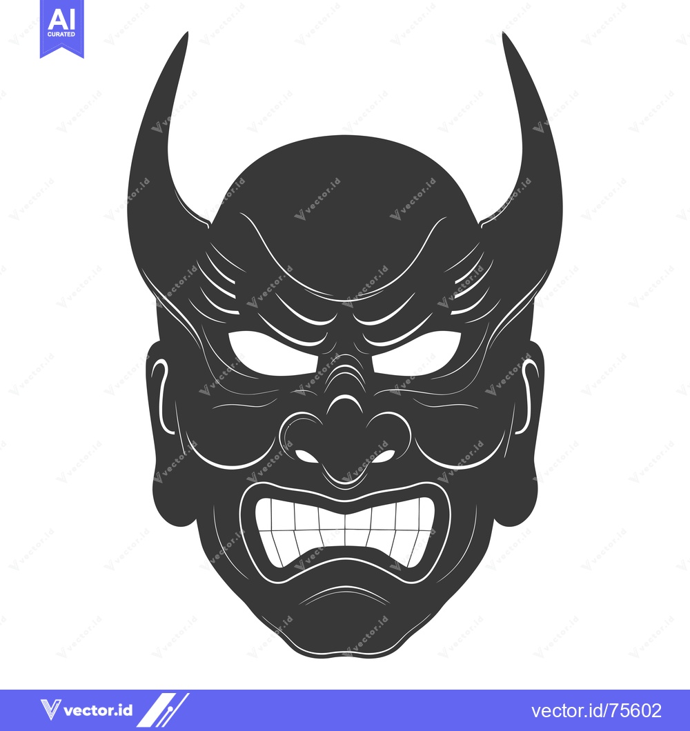 Premium Vector of A Black and White Illustration of a Japanese Oni Mask with Horns and a