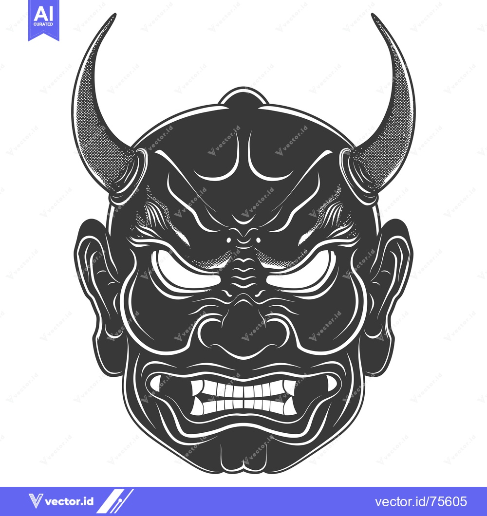 Premium Vector of A Detailed Black and White Illustration of a Japanese Oni Mask with Ho