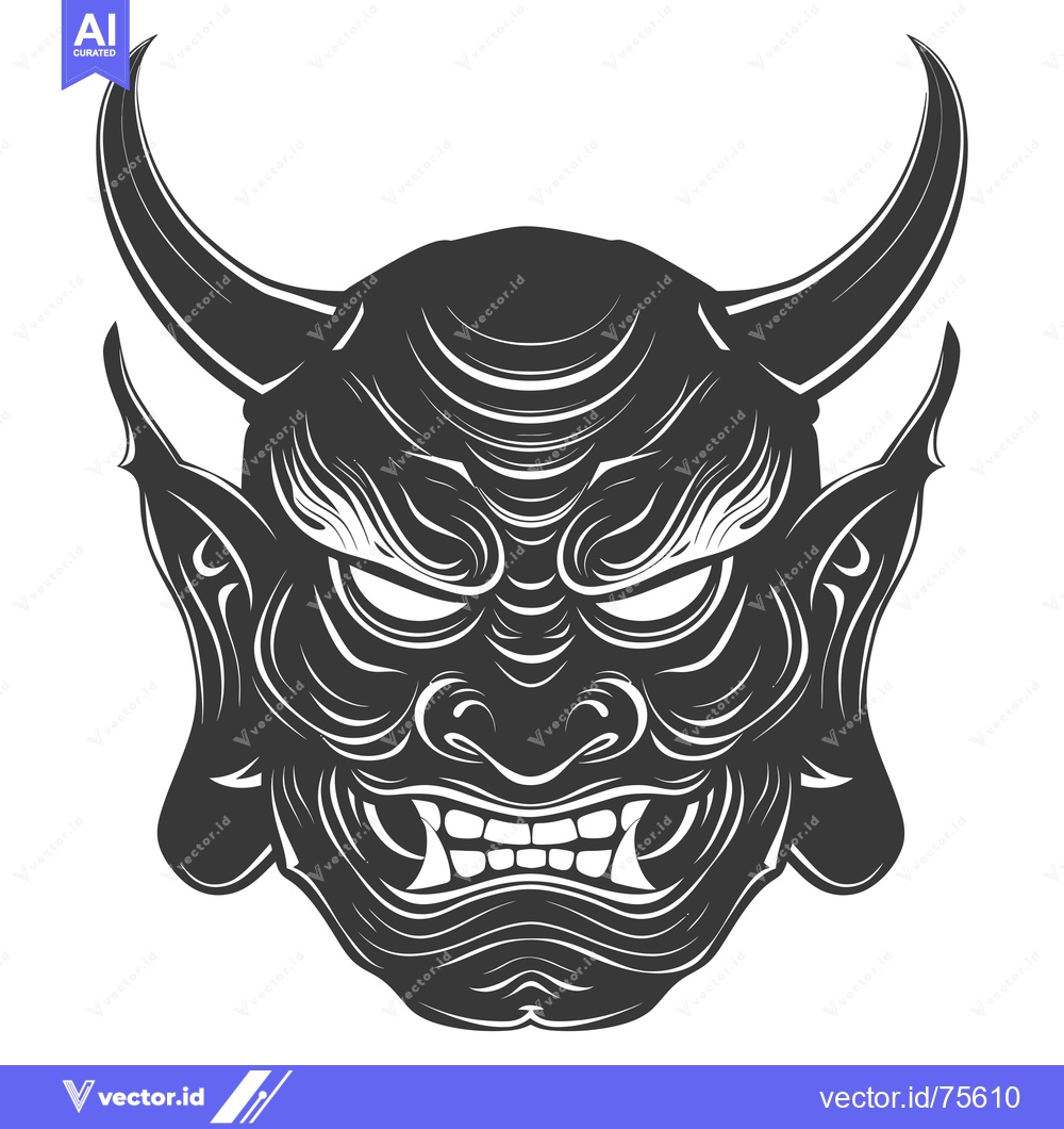 Premium Vector of Black and White Illustration of a Traditional Japanese Oni Mask