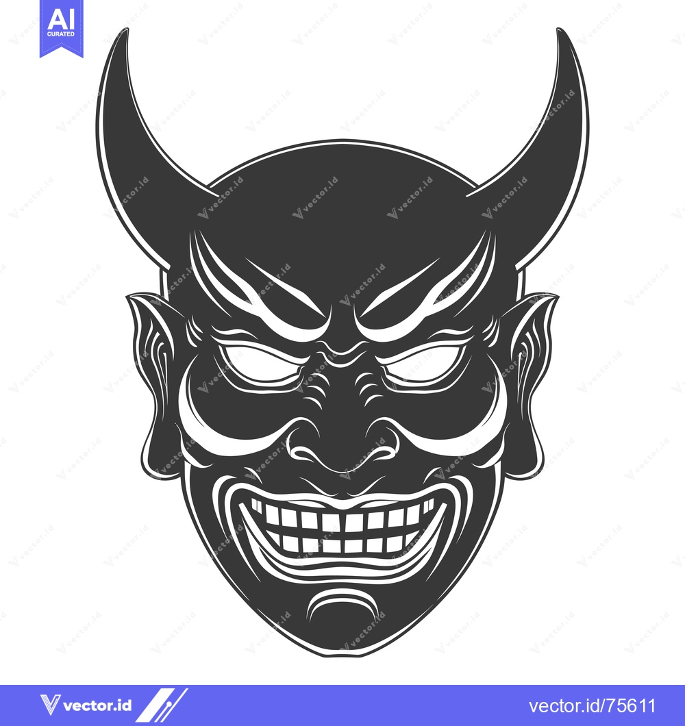 Premium Vector of Black and White Illustration of a Japanese Oni Mask with Horns and Fan