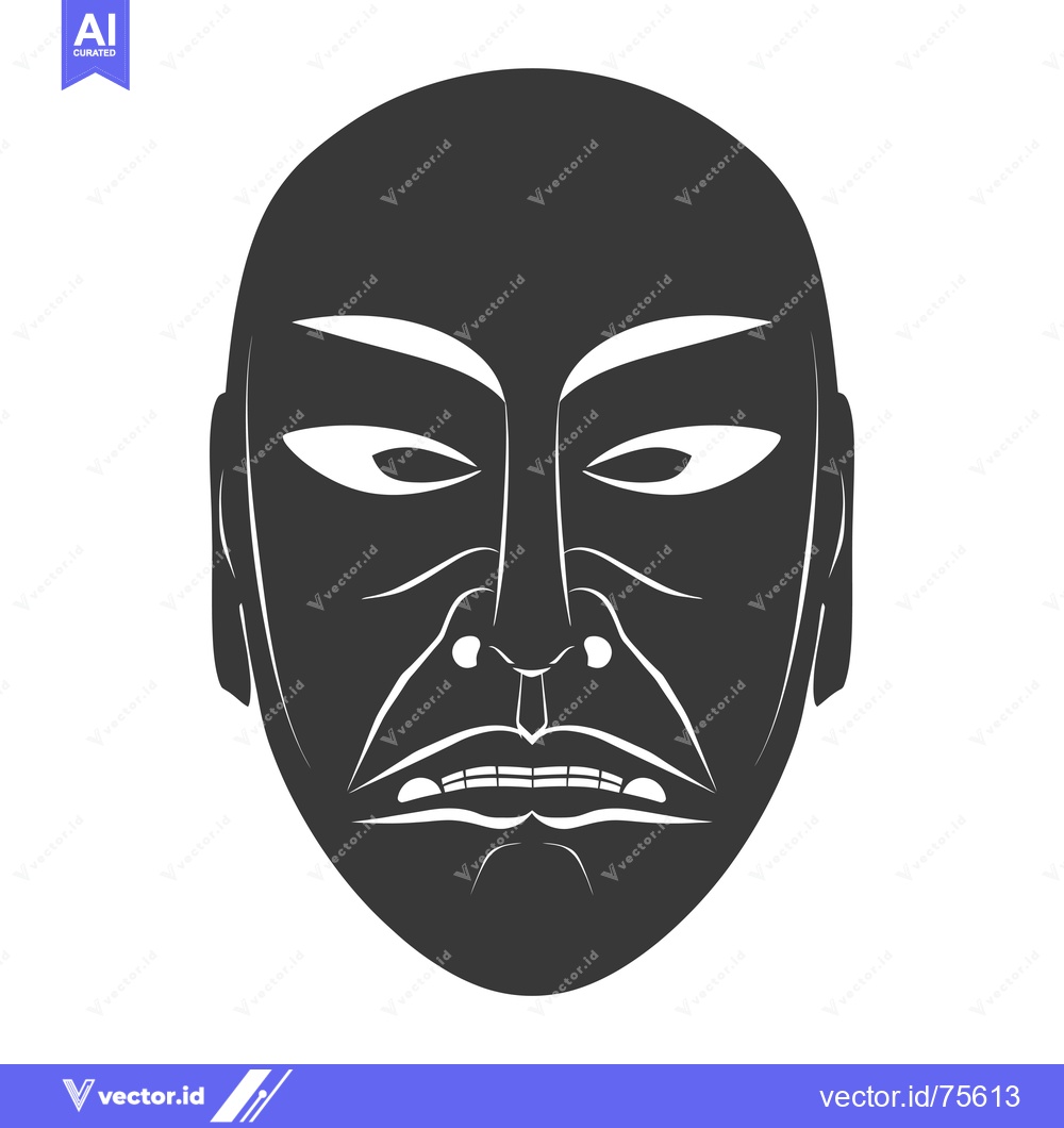 Premium Vector of Black and white illustration of a Japanese Noh mask with a stern expre