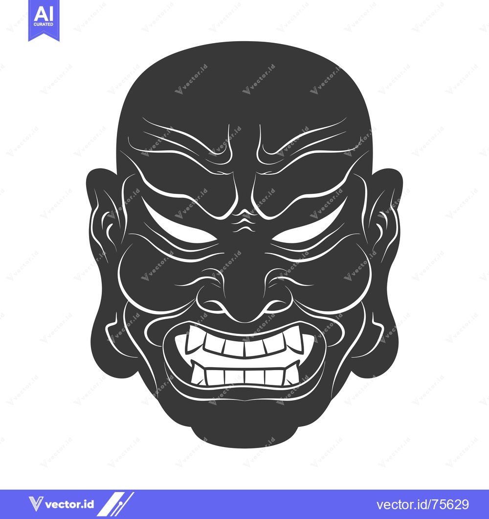 Premium Vector of Black and white illustration of a Japanese demon mask with a fierce ex