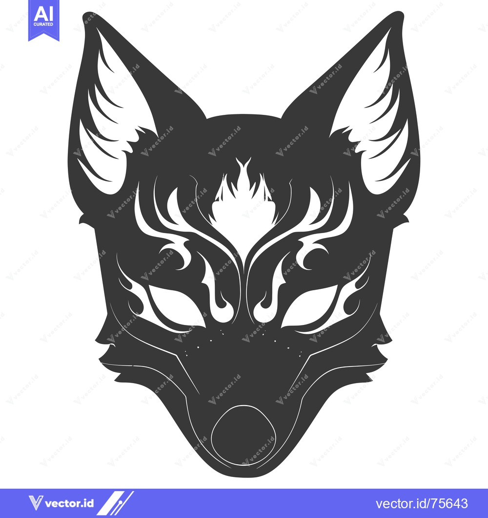 Premium Vector dari Black and White Stylized Japanese Kitsune Mask with Intricate Details
