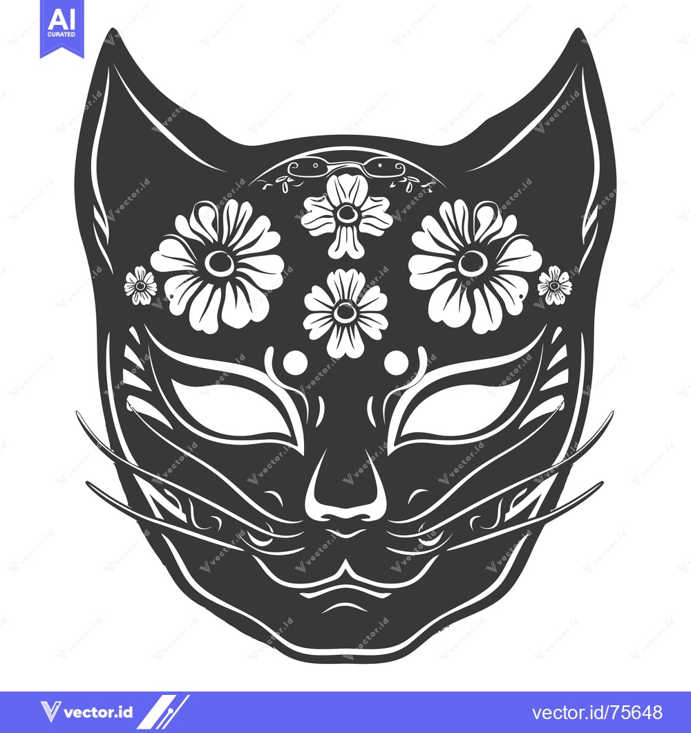 Premium Vector dari Black and White Cat Mask with Flower Decoration