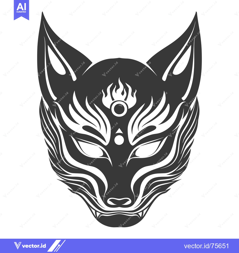 Premium Vector of Black and White Stylized Fox Mask with Flames and Circles