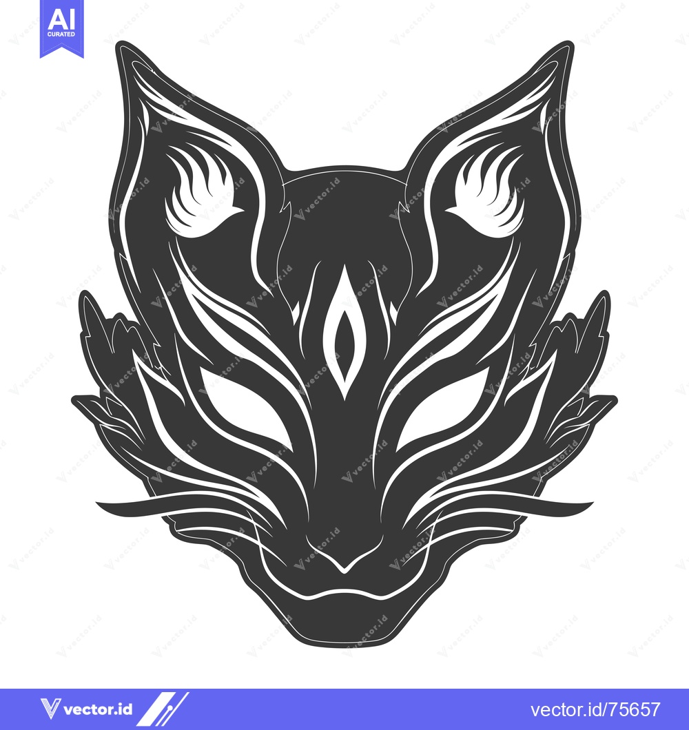 Premium Vector dari Black and White Japanese Fox Mask with Intricate Detail