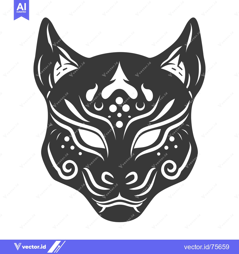 Premium Vector dari Black and White Japanese Fox Mask with Intricate Detailing