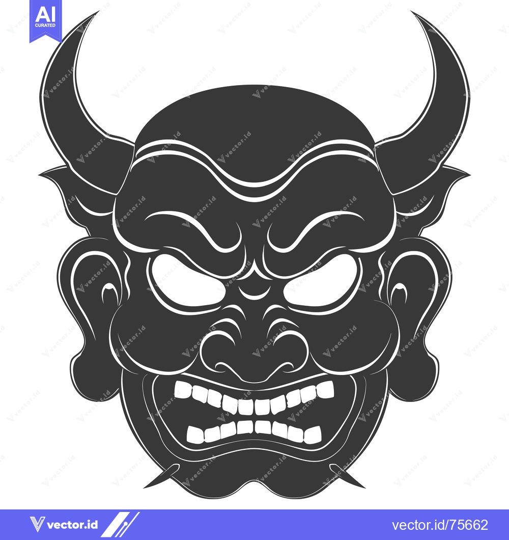 Premium Vector dari Black and White Illustration of a Japanese Oni Mask with Fangs