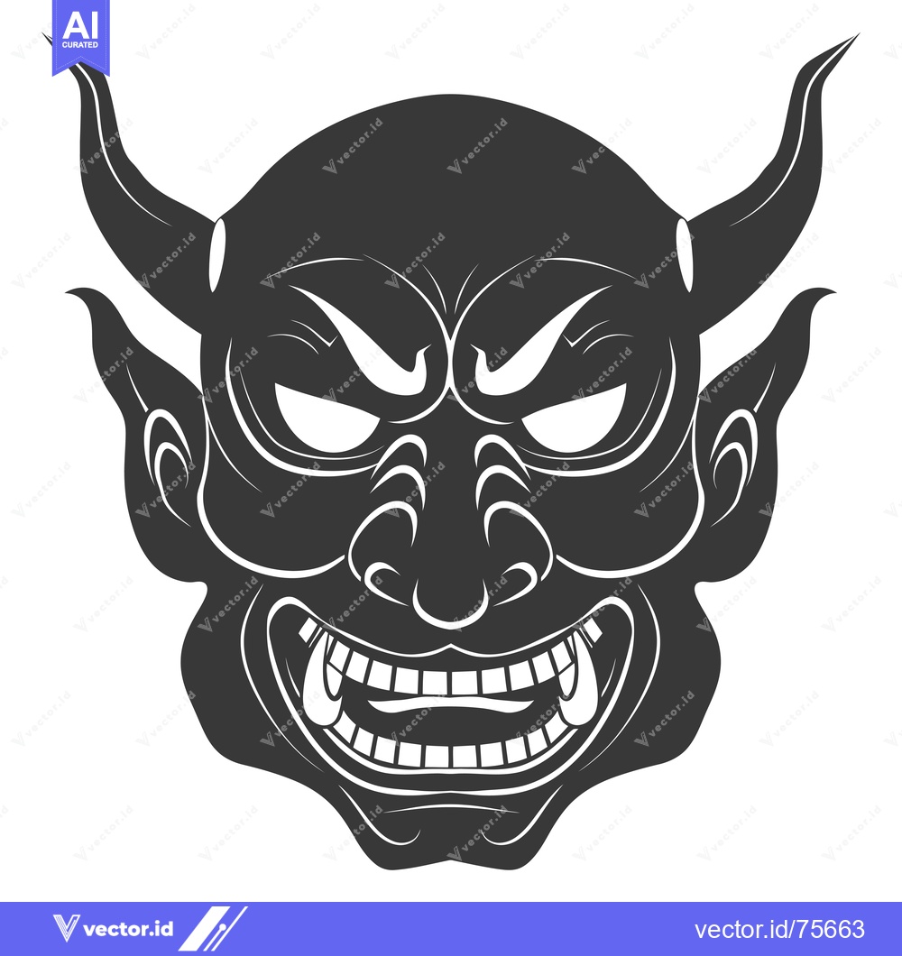 Premium Vector of Black and White Illustration of a Japanese Oni Demon Mask