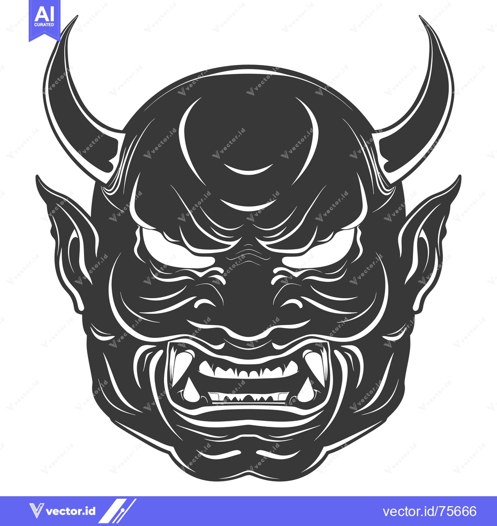 Premium Vector dari Black and White Illustration of a Japanese Oni Demon Mask with Horns