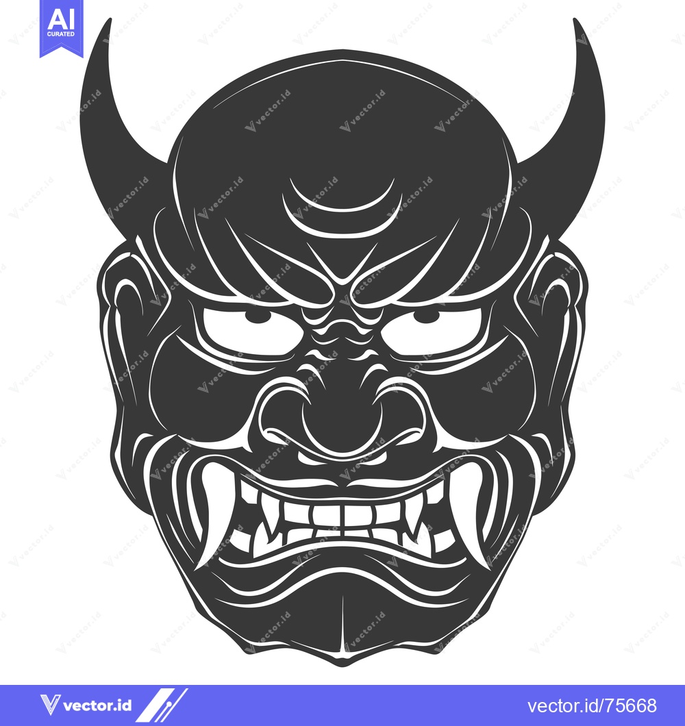 Premium Vector of Japanese Demon Mask with Horns and Fangs