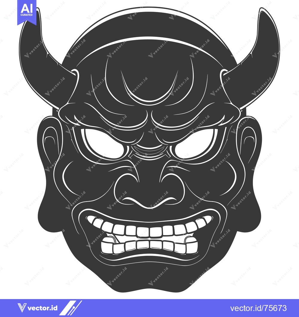 Premium Vector dari Black and White Illustration of a Japanese Oni Mask with Horns