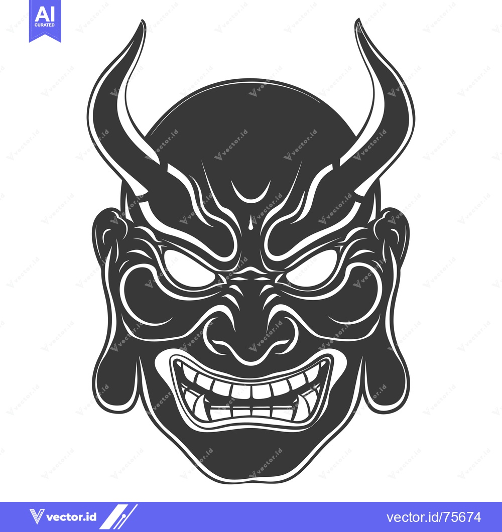 Premium Vector of Black and White Illustration of a Japanese Demon Mask