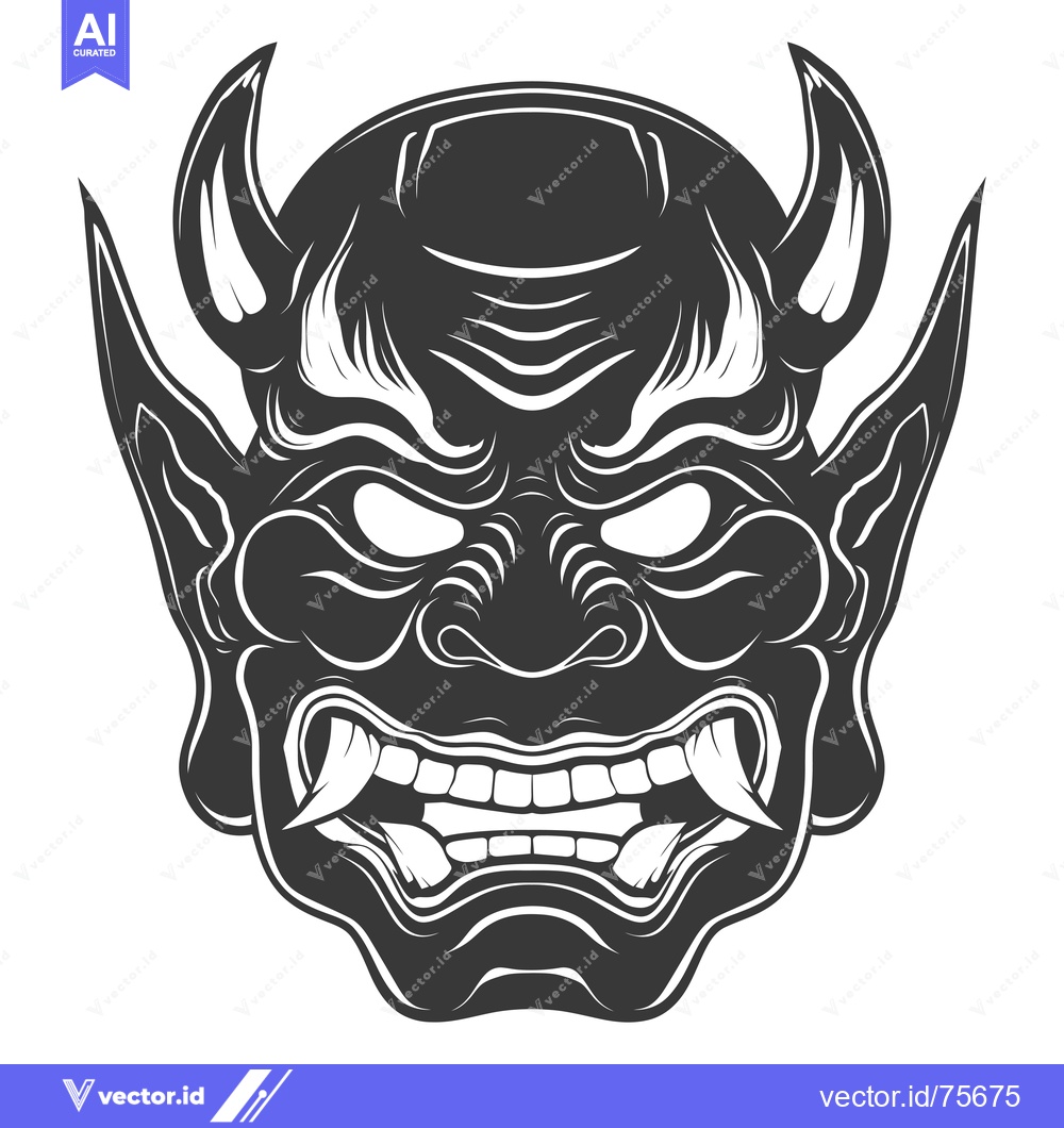 Premium Vector dari Monochrome Illustration of a Japanese Oni Mask with Horns and Fangs