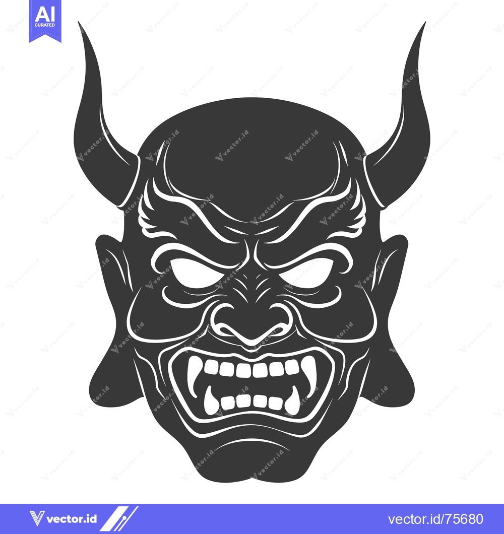 Premium Vector dari A menacing Japanese oni mask with horns and a snarling mouth.