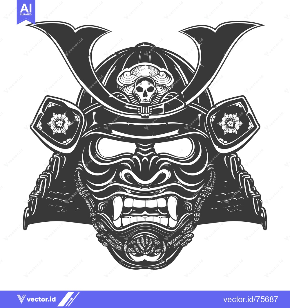 Premium Vector of A Detailed Illustration of a Samurai Helmet with a Skull and Floral Mo