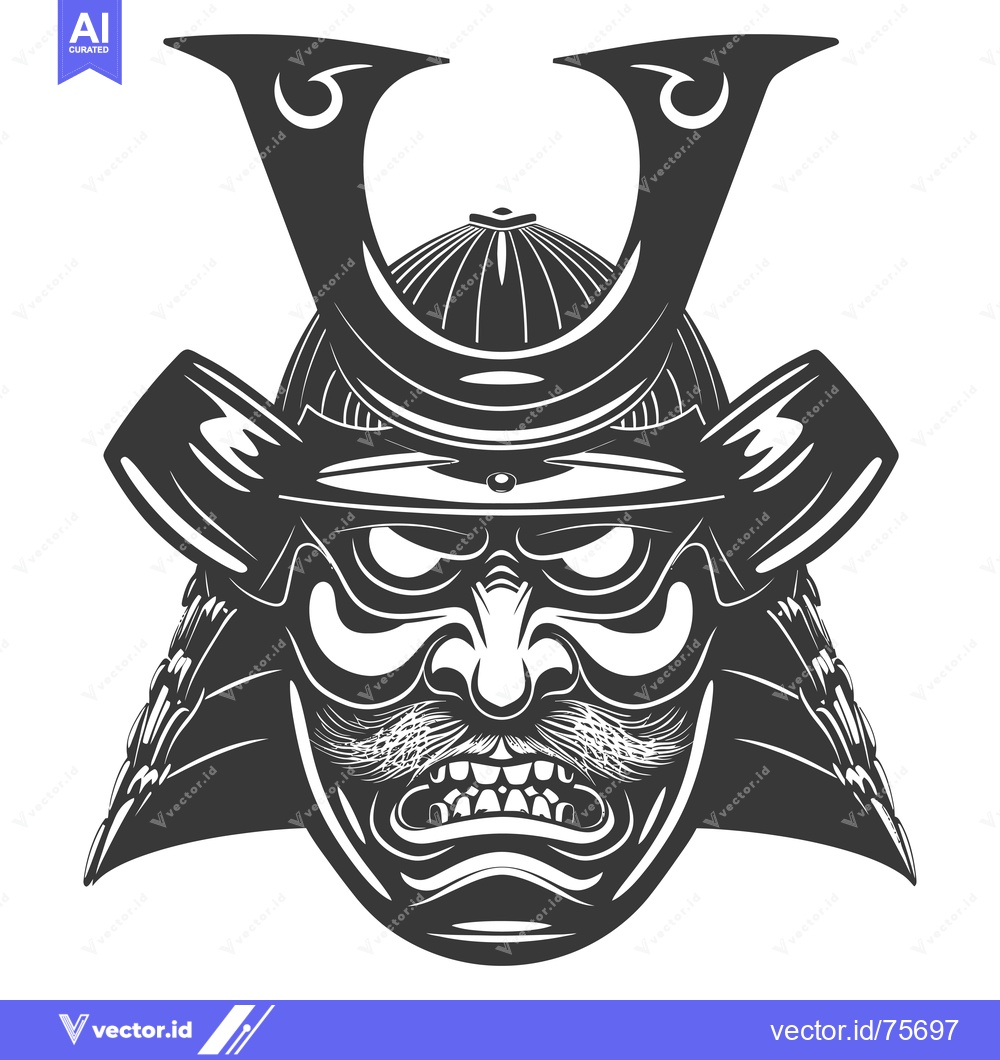 Premium Vector of A fierce samurai warrior wearing a helmet and mask with a menacing exp