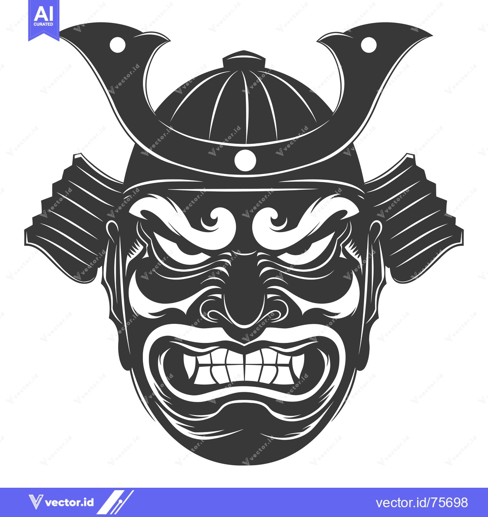 Premium Vector of Monochrome Illustration of a Traditional Japanese Samurai Mask with a