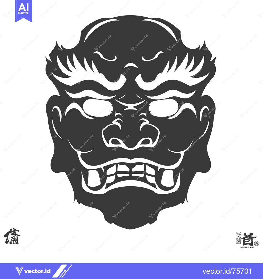 Premium Vector dari Black and White Japanese Oni Mask with Fangs and White Eyes