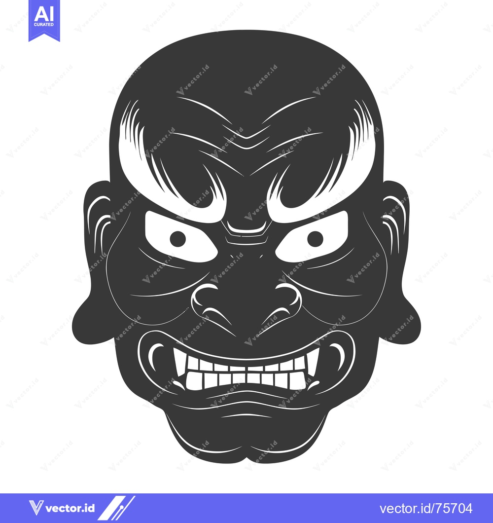 Premium Vector dari Black and White Illustration of a Japanese Oni Mask with Fangs