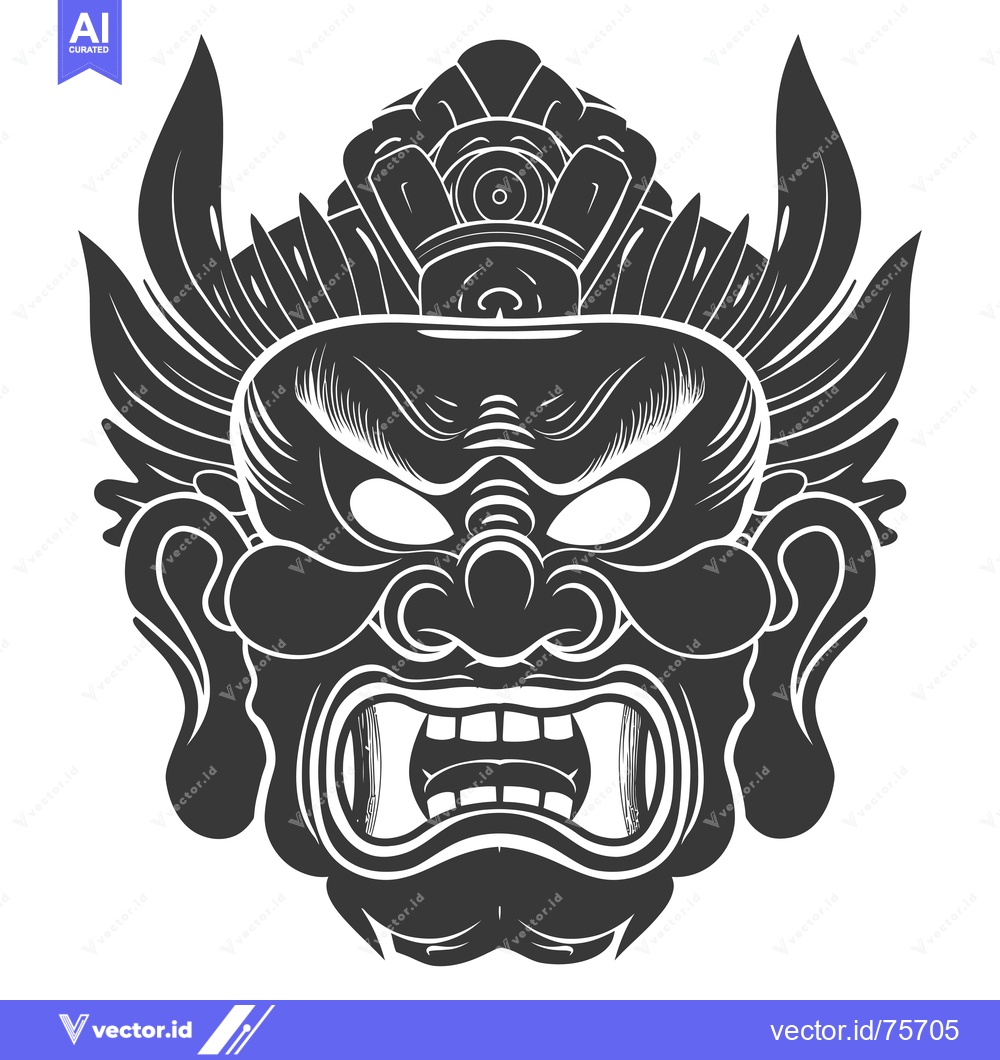 Premium Vector of Black and White Illustration of a Japanese Oni Mask with Wings