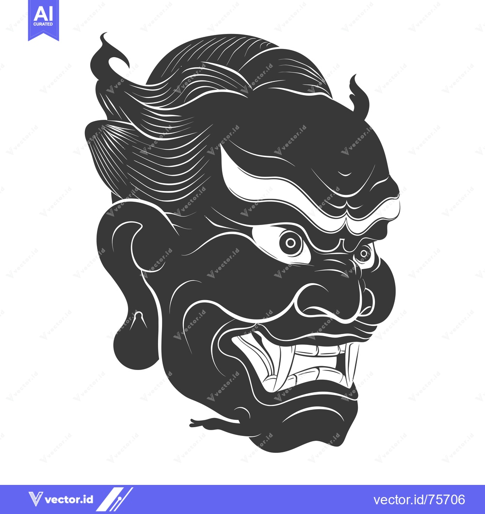 Premium Vector of Black and White Illustration of an Oni Demon Head