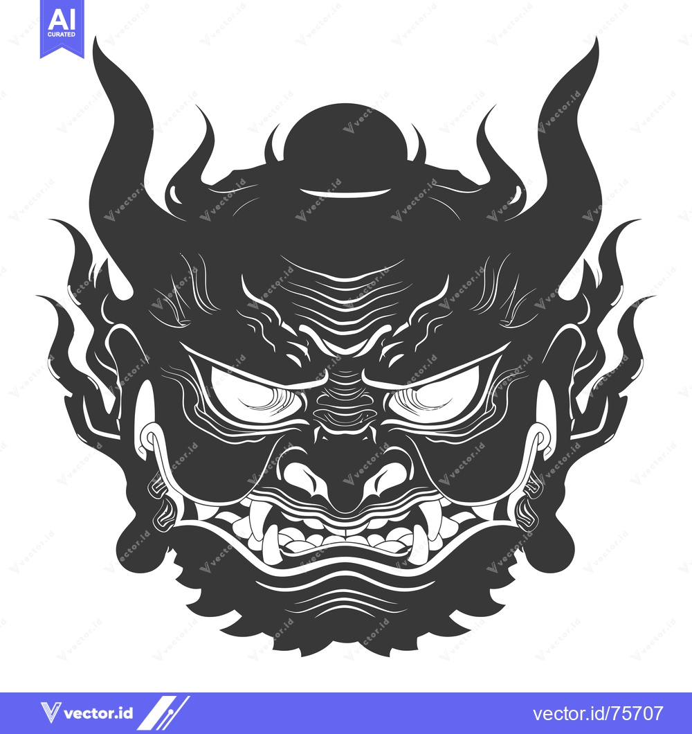 Premium Vector of Black and White Illustration of a Ferocious Demon Face