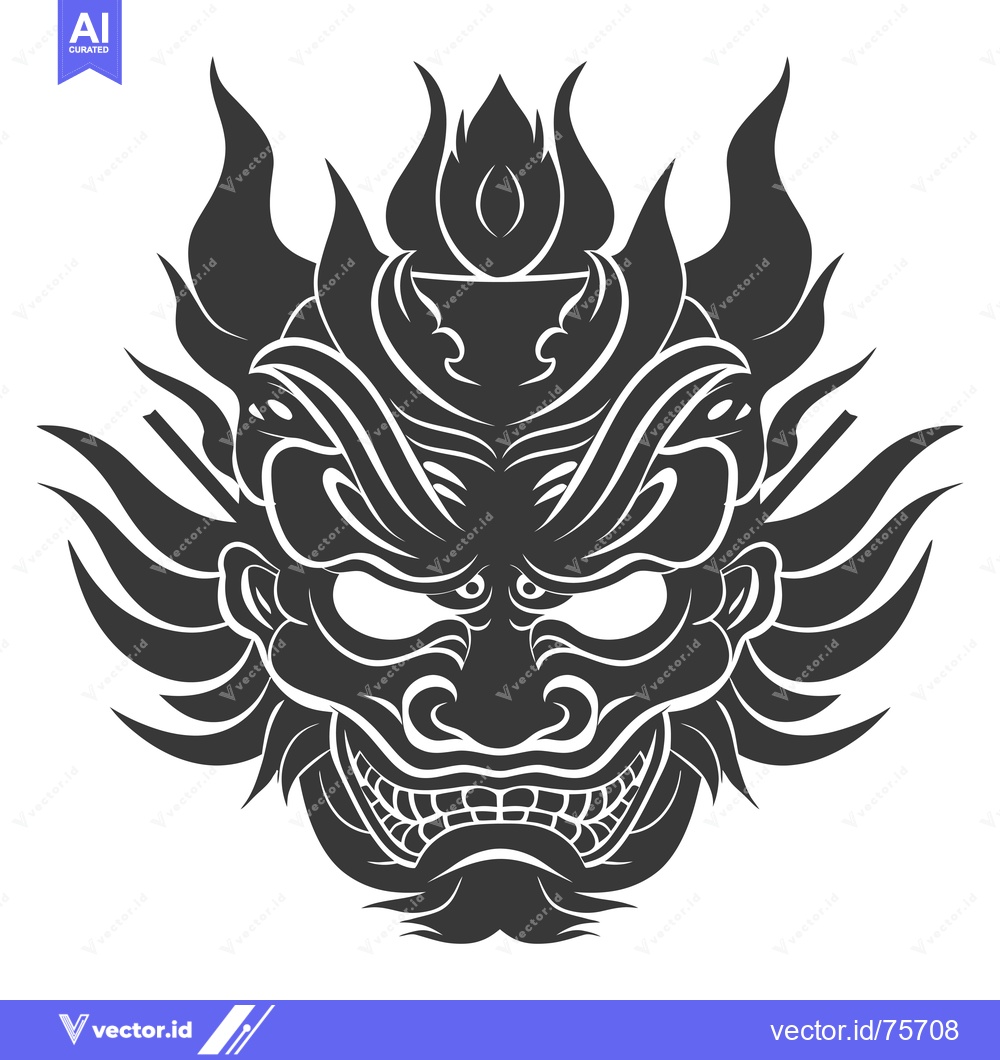 Premium Vector dari Black and White Illustration of a Japanese Oni Mask with Flames