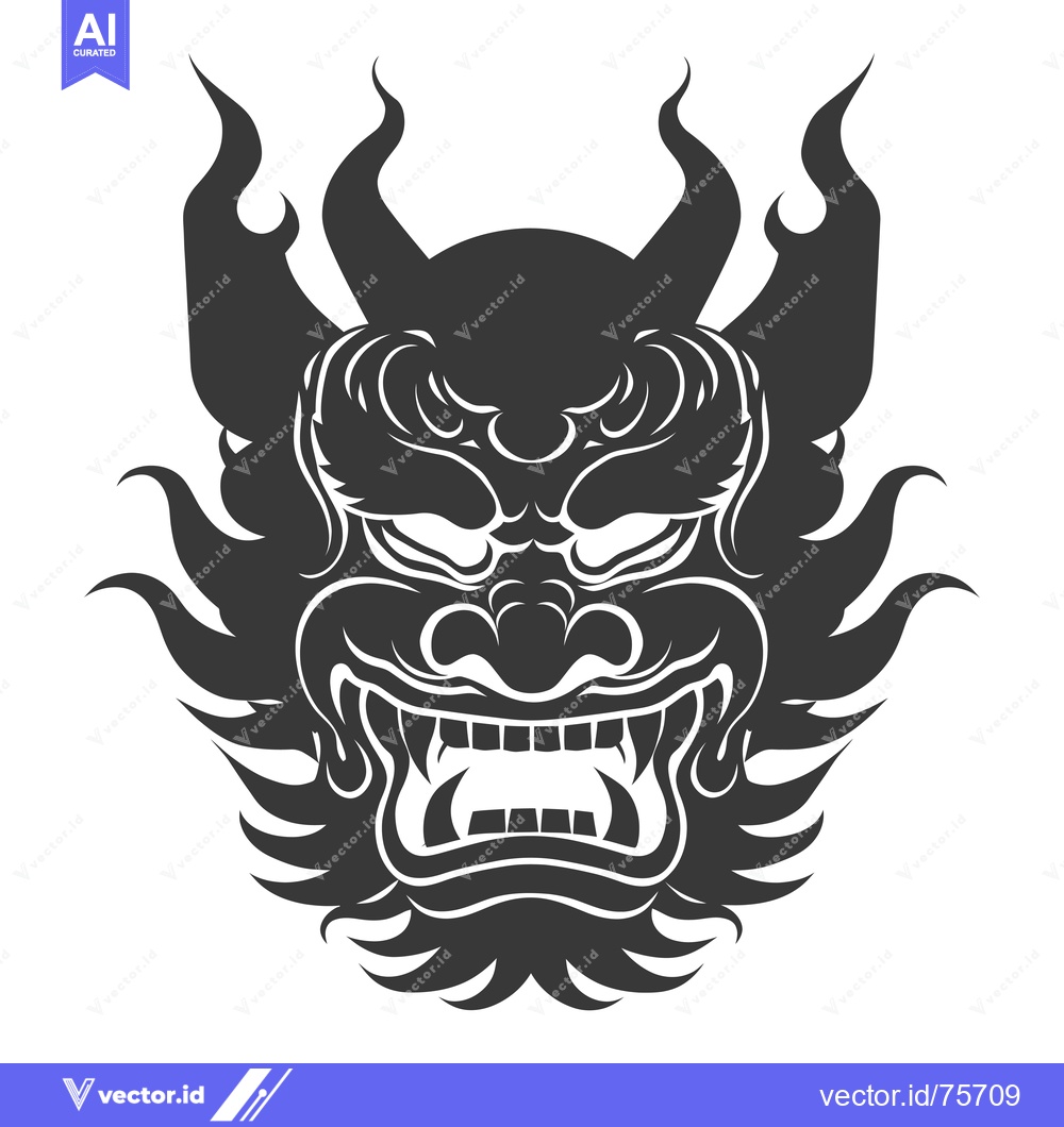 Premium Vector dari Black and White Illustration of a Japanese Demon Mask with Horns and F