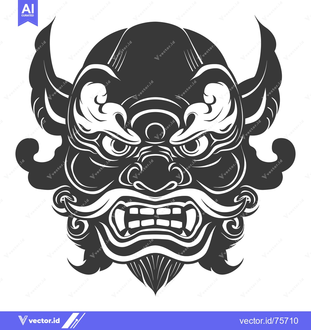 Premium Vector of Black and White Illustration of a Japanese Oni Mask with a Third Eye