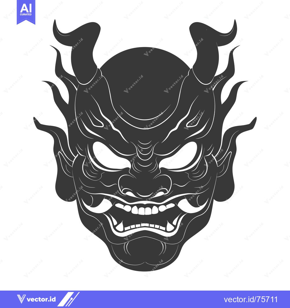 Premium Vector dari Black and White Illustration of a Japanese Oni Mask with Horns