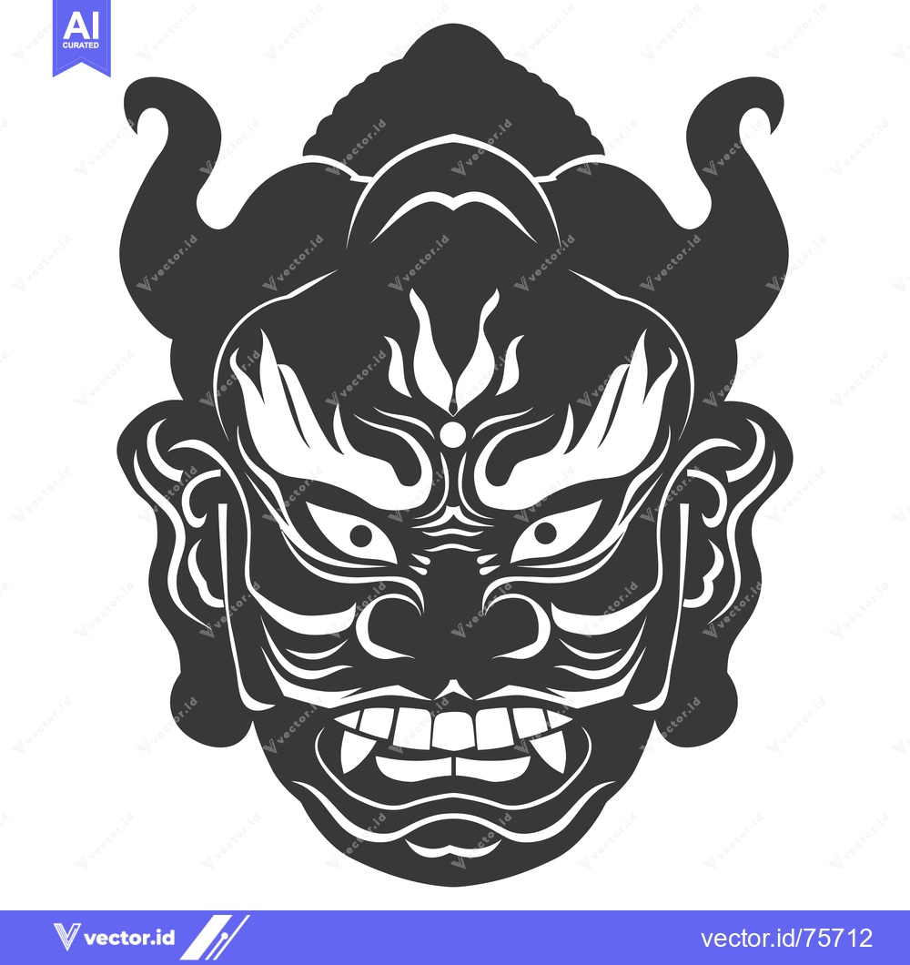 Premium Vector dari A Detailed Monochrome Illustration of a Japanese Oni Mask with Intrica