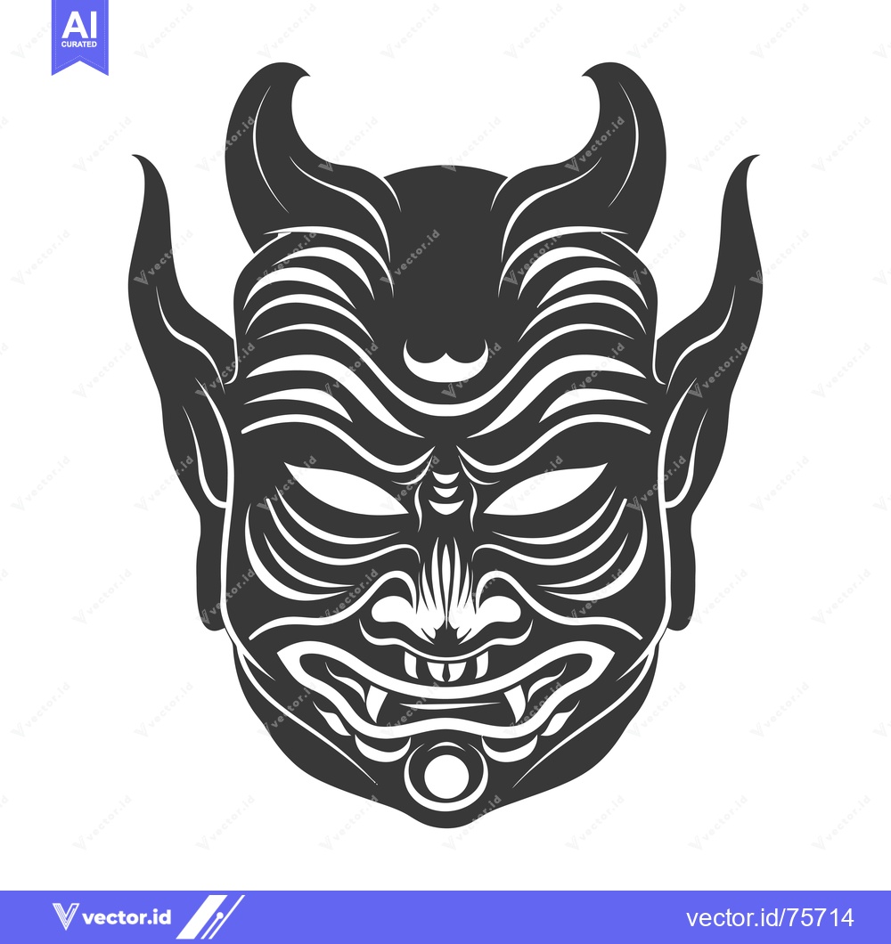 Premium Vector of Black and White Illustration of a Japanese Demon Mask