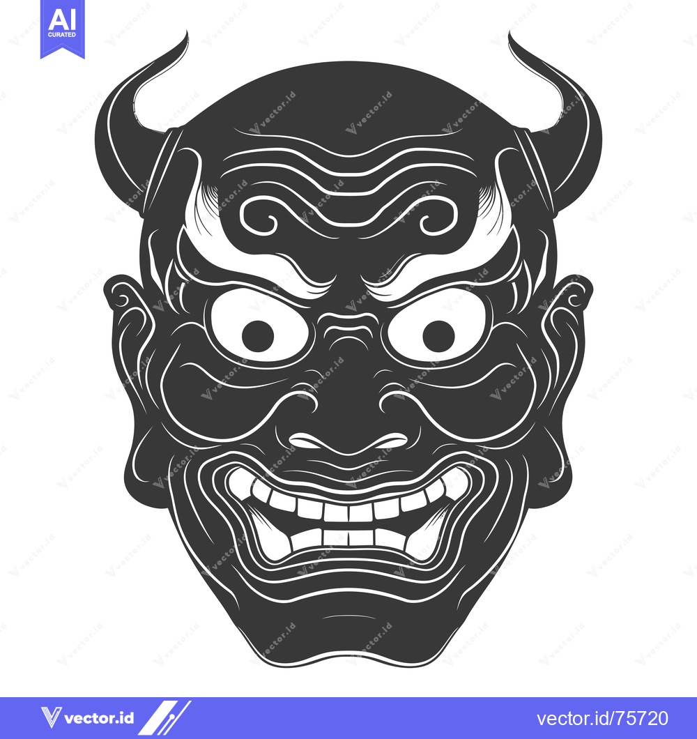 Premium Vector dari Black and White Illustration of a Japanese Oni Mask with Horns
