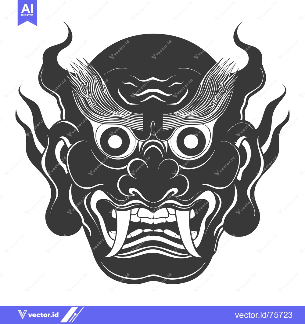 Premium Vector of Black and White Illustration of a Ferocious Demon Mask