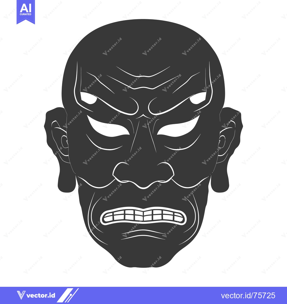 Premium Vector of Black and White Illustration of an Angry Japanese Mask