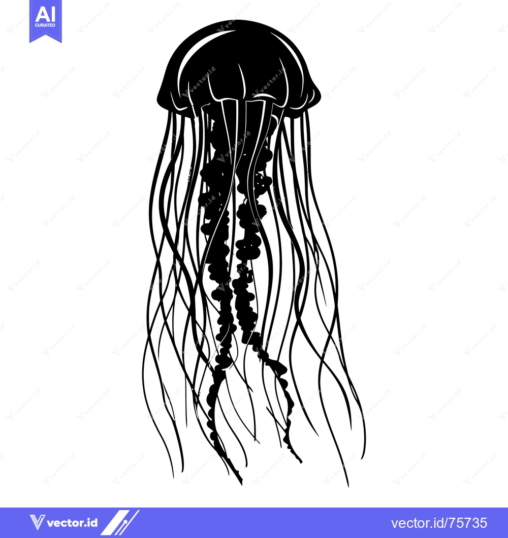 Premium Vector dari Black and White Silhouette of a Jellyfish with Long Tentacles