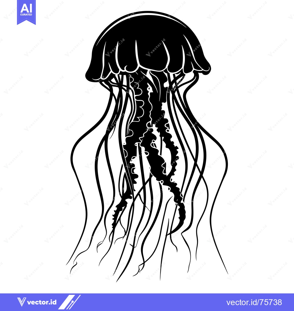 Premium Vector dari Black and White Silhouette of a Jellyfish with Tentacles