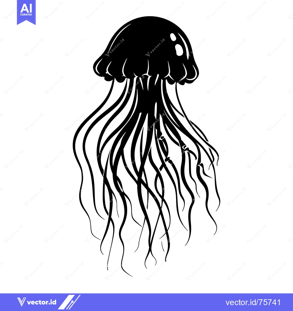 Premium Vector dari Black and white illustration of a jellyfish with long tentacles