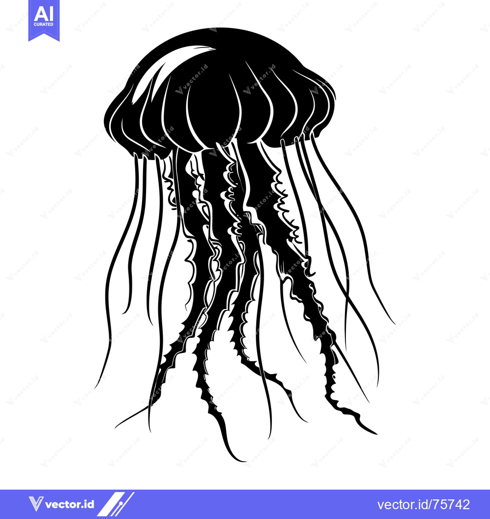 Premium Vector dari Black and White Silhouette of a Jellyfish with Tentacles