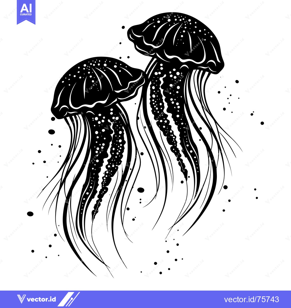 Premium Vector of Black and White Silhouettes of Two Jellyfish with Tentacles