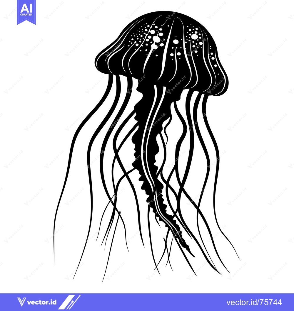 Premium Vector of Black and White Illustration of a Jellyfish with Tentacles