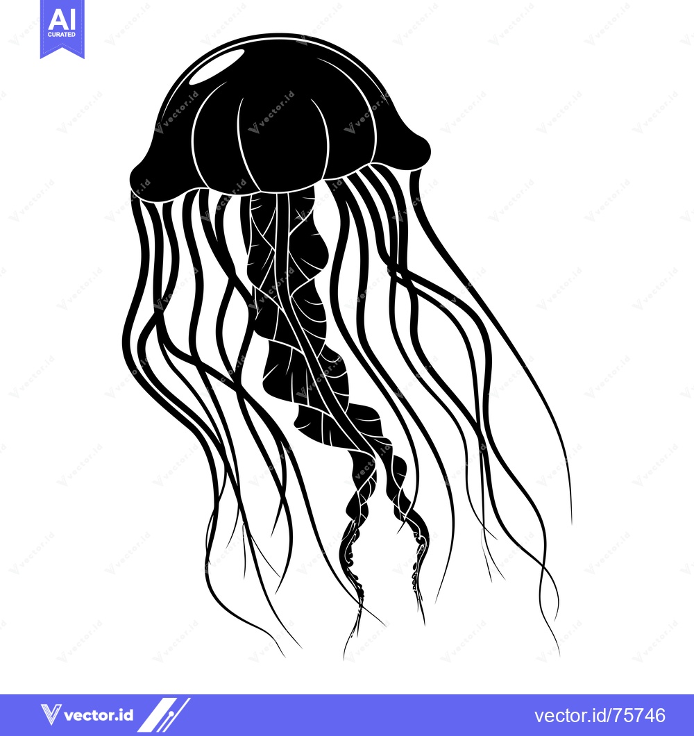 Premium Vector dari Black and White Silhouette of a Jellyfish with Long Tentacles