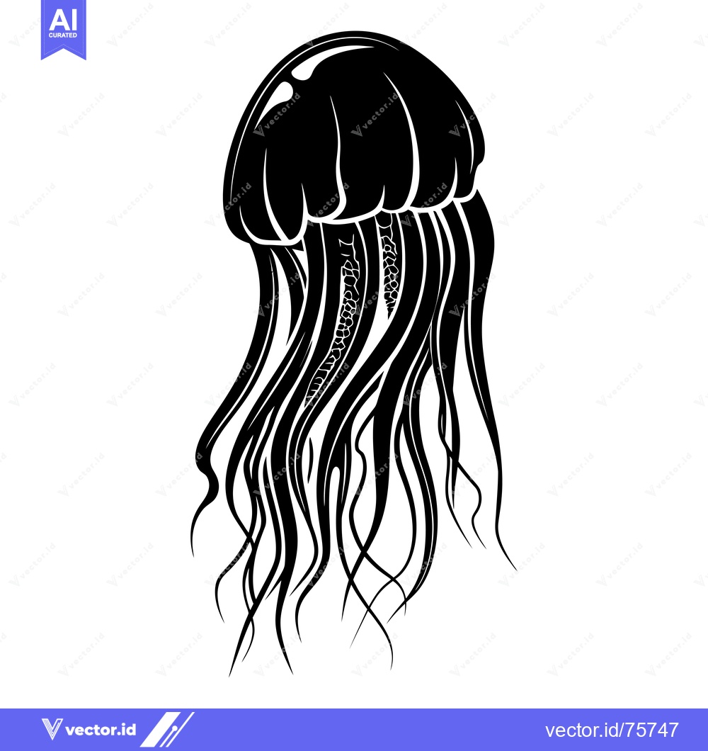 Premium Vector of Black and White Silhouette of a Jellyfish with Detailed Tentacles